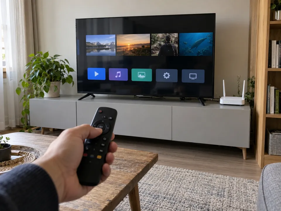 Smart TV, домашний роутер и пульт во время проверки работы
